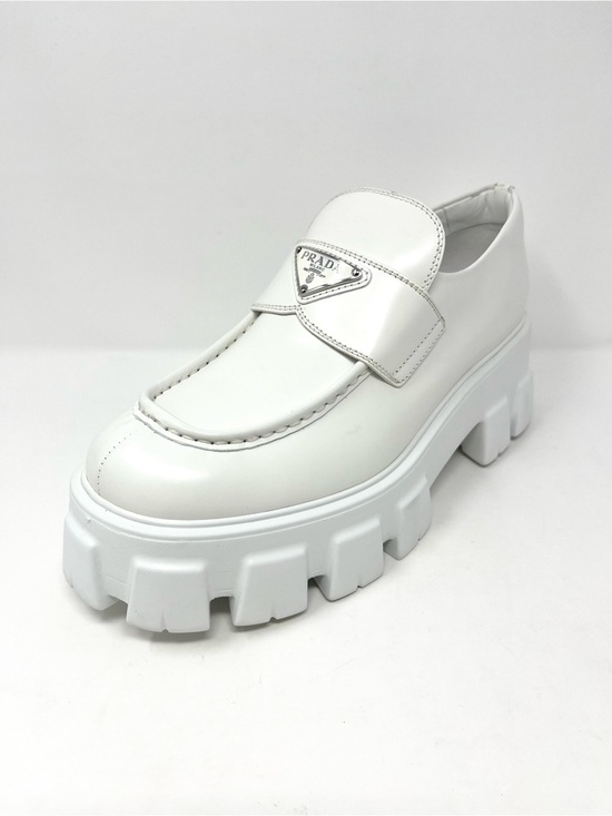 Prada Shoes - NEW Prada Monolith Triangle Logo White Leather Loafers Heels Chunky 39.5 9.5